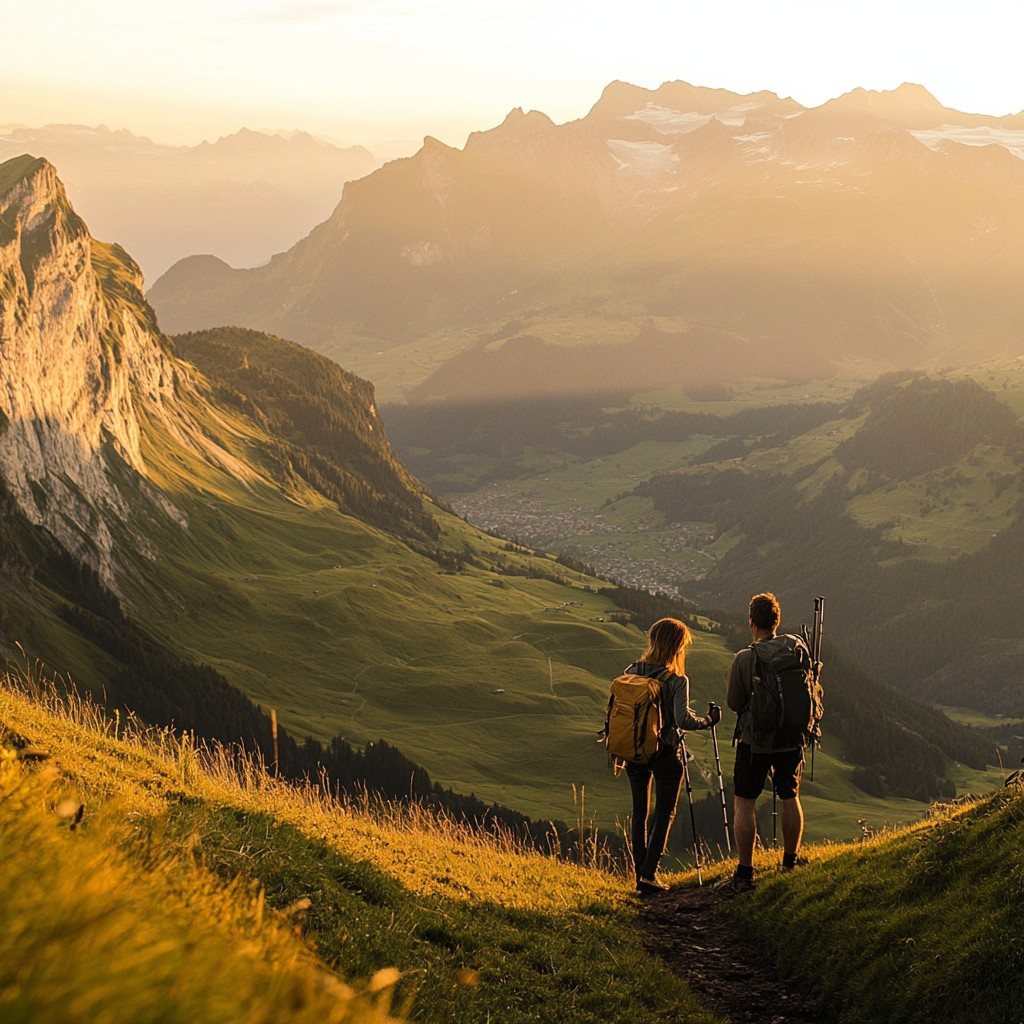 A couple hiking a mountain trail at golden hour